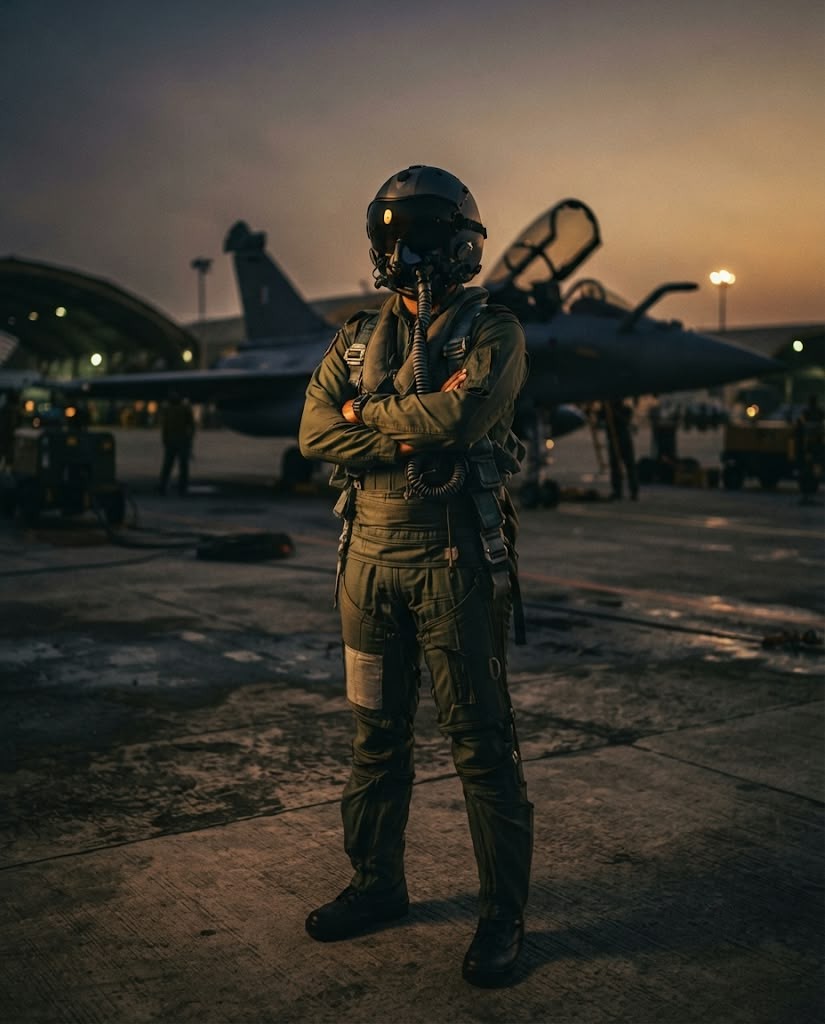 Fighter pilot in helmet and oxygen mask on a flight line at dusk