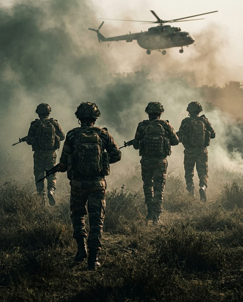 Infantry soldiers advancing through smoke with a helicopter overhead