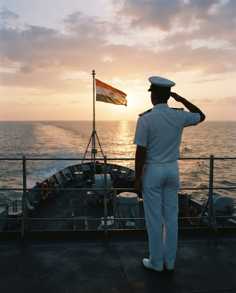 Naval officer in whites saluting the national flag at sea