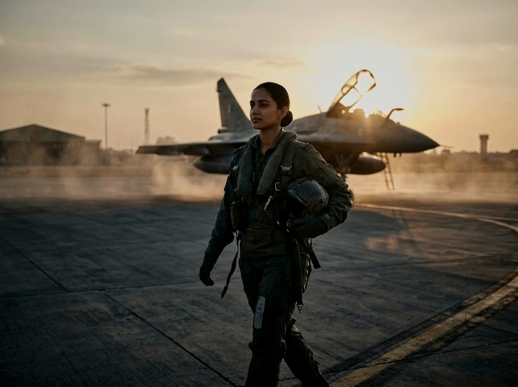 Woman fighter pilot walking across the flight line at sunset, helmet under her arm